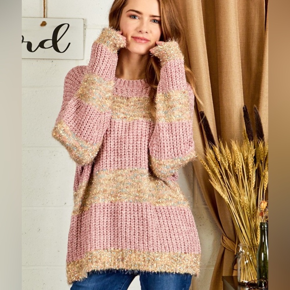 **Last One** Chenille Confetti Soft Knit Sweater, Pink & Gold Metallic Details - Picture 9 of 12